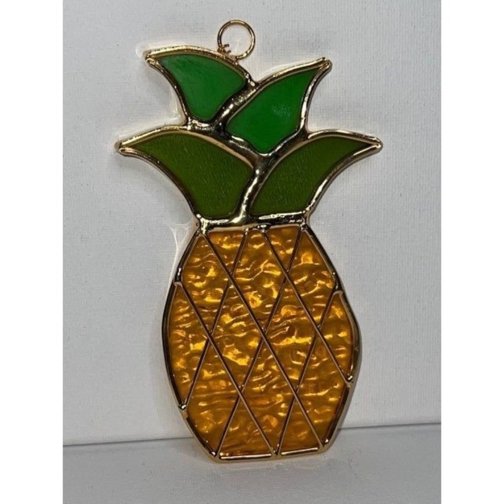 Vintage Stained Glass Pineapple 24k Gold Plated Window Ornament Sun-catcher